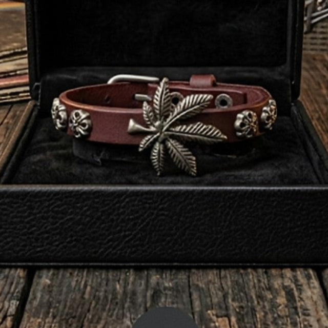 Bracelet Cuir Rouge Feuille Cannabis en acier inoxydable