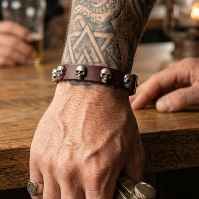 Bracelet Cuir Marron Skull en Acier Inoxydable