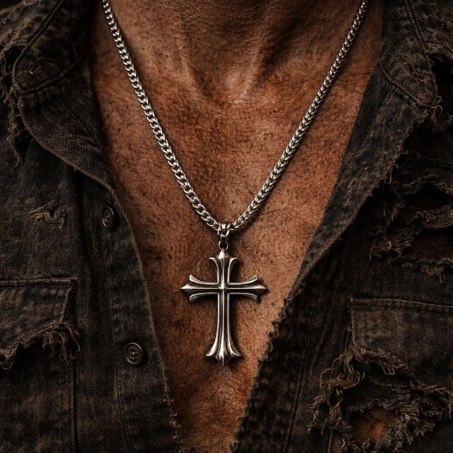 Chaine acier inoxydable homme - Pendentif croix style gothique