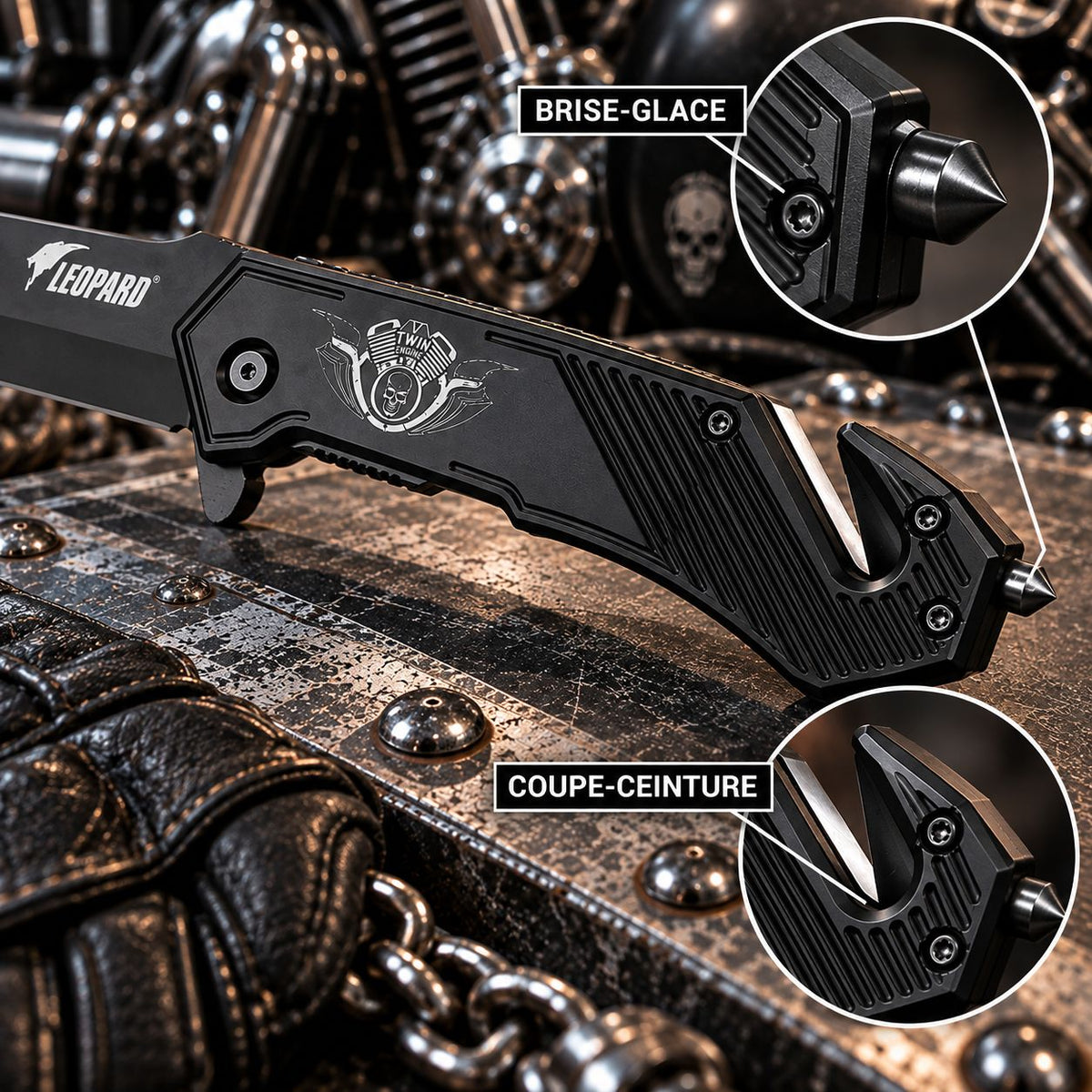 Couteau Moteur V-Twin Darkgrip – Brise-vitre & Coupe-ceinture
