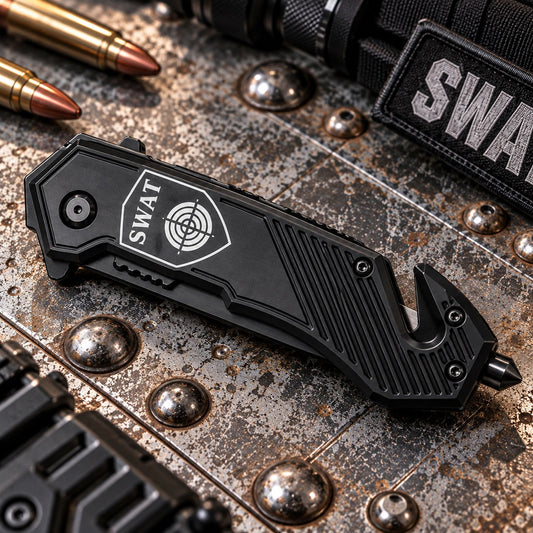 Couteau SWAT Darkgrip noir – Brise-vitre & coupe-ceinture