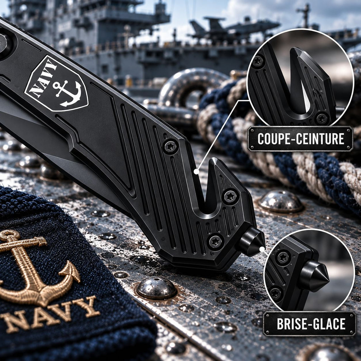 Couteau Navy noir Darkgrip – Brise-vitre & coupe-ceinture
