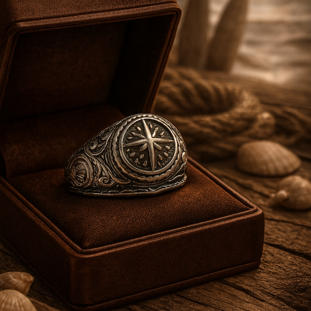 Bague points cardinaux en acier inoxydable pour homme