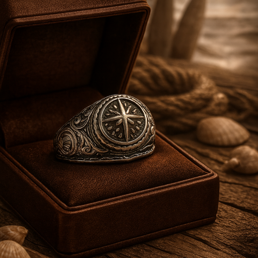 Bague points cardinaux en acier inoxydable pour homme
