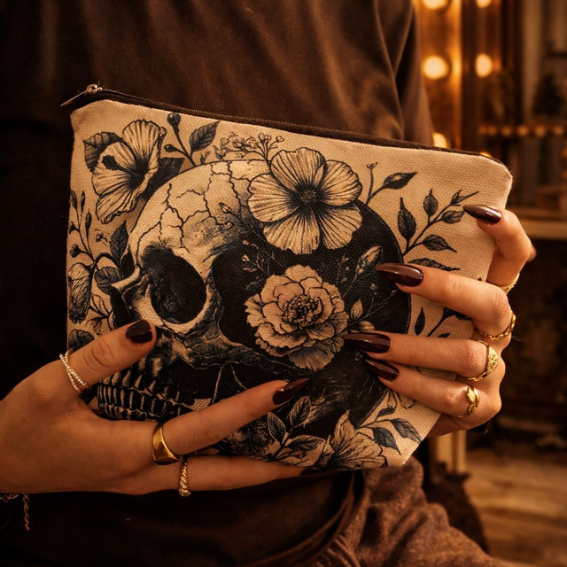 Trousse Cosmétique en lin Skull Fleurie  3
