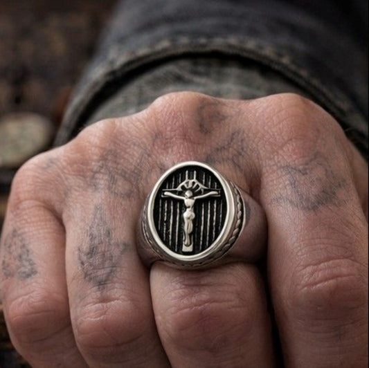 Bague Croix Chrétienne Homme en Acier Inoxydable