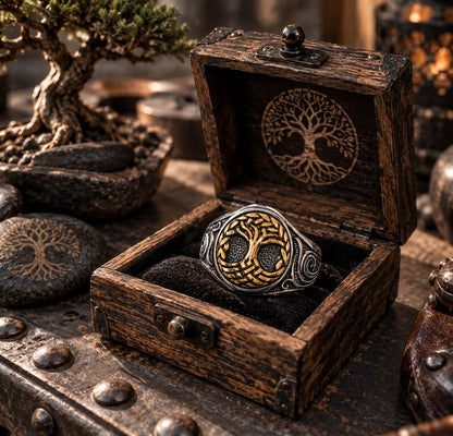 Bague Arbre de Vie Viking Doré - Acier Inoxydable