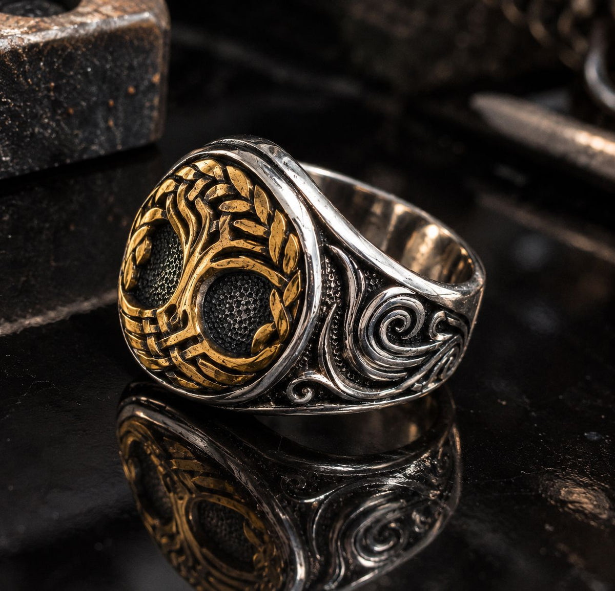 Bague Arbre de Vie Viking Doré - Acier Inoxydable