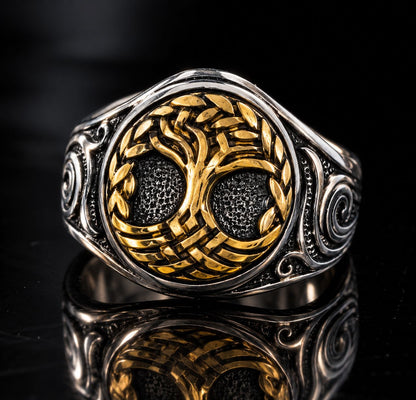 Bague Arbre de Vie Viking Doré - Acier Inoxydable