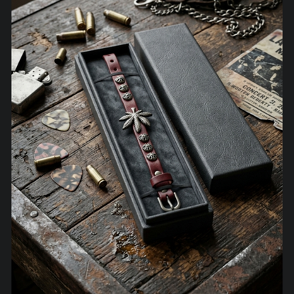 Bracelet Cuir Rouge Feuille Cannabis en acier inoxydable