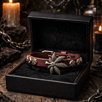 Bracelet Cuir Rouge Feuille Cannabis en acier inoxydable