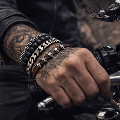 Bracelet Cuir Marron Skull en Acier Inoxydable