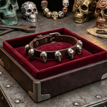 Bracelet Cuir Marron Skull en Acier Inoxydable