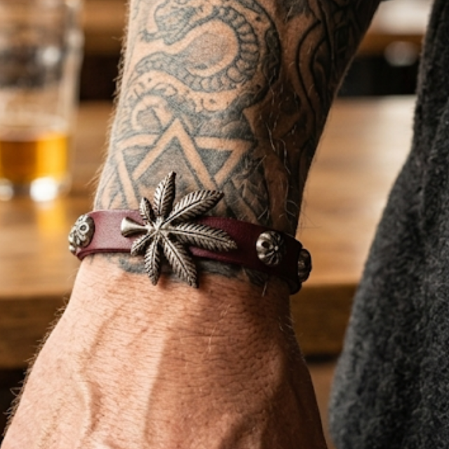 Bracelet Cuir Rouge Feuille Cannabis en acier inoxydable
