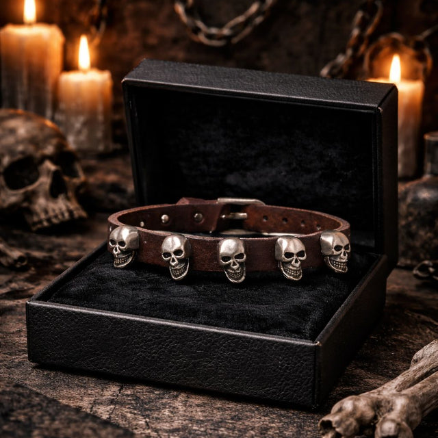 Bracelet Cuir Marron Skull en Acier Inoxydable