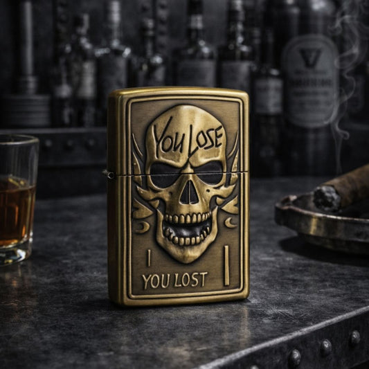 Briquet tempête métal vintage – Tête de mort "You lose"