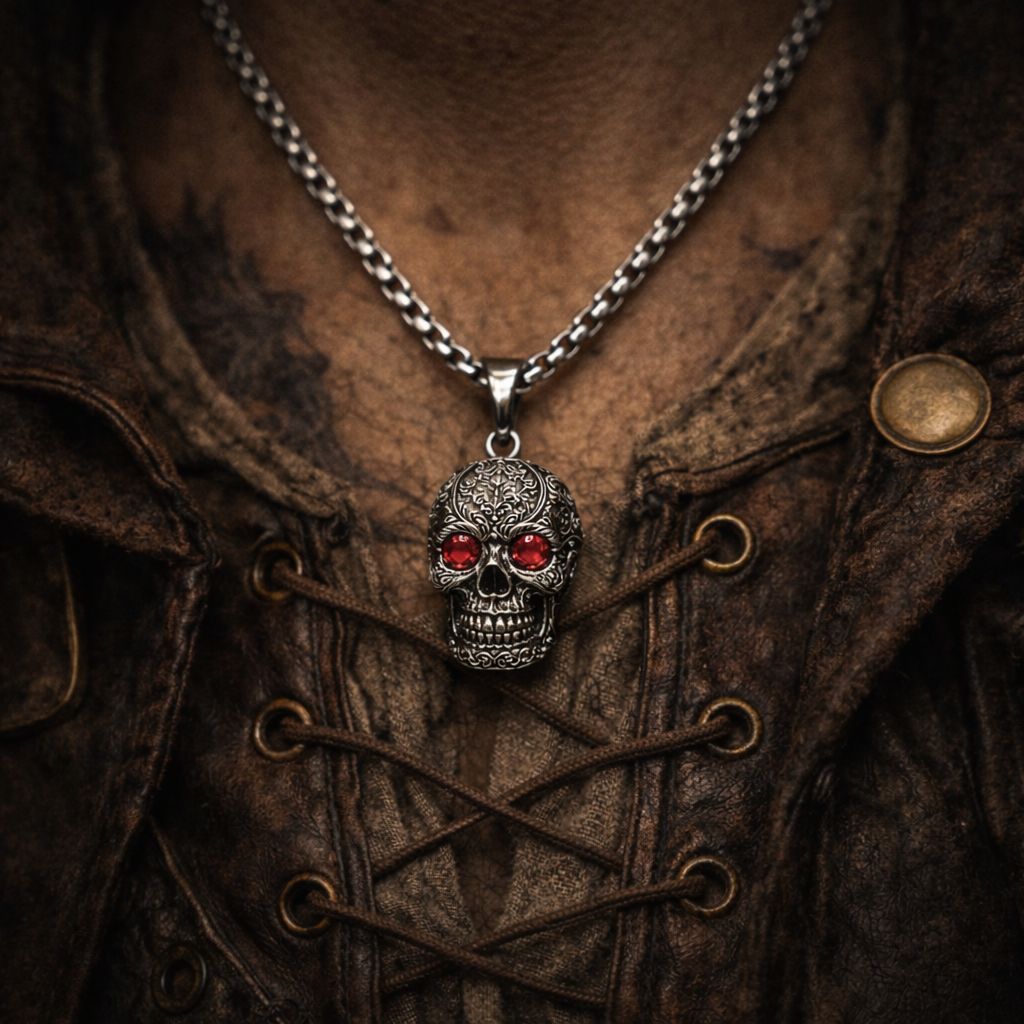 Chaine Tête de Mort  – Pendentif Crâne Gothique Yeux Rouges