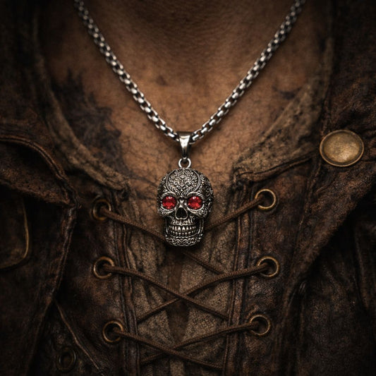 Chaine Tête de Mort  – Pendentif Crâne Gothique Yeux Rouges