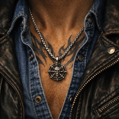 Chaine Tête de Mort  – Pendentif  Gothique Roue Os