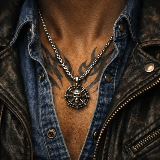 Chaine Tête de Mort  – Pendentif  Gothique Roue Os