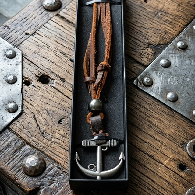Collier ancre en cuir et acier inoxydable - Pendentif marin