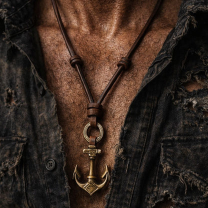 Collier ancre en cuir et acier inoxydable - Pendentif marin