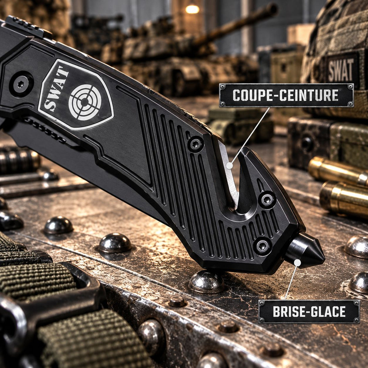 Couteau SWAT Darkgrip noir – Brise-vitre & coupe-ceinture