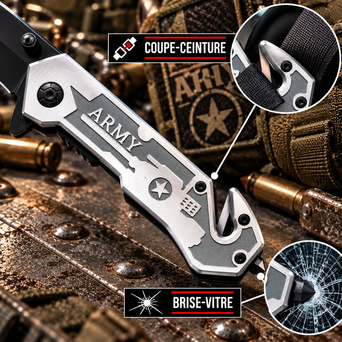 Couteau de sécurité Army gris – Brise-vitre & coupe-ceinture