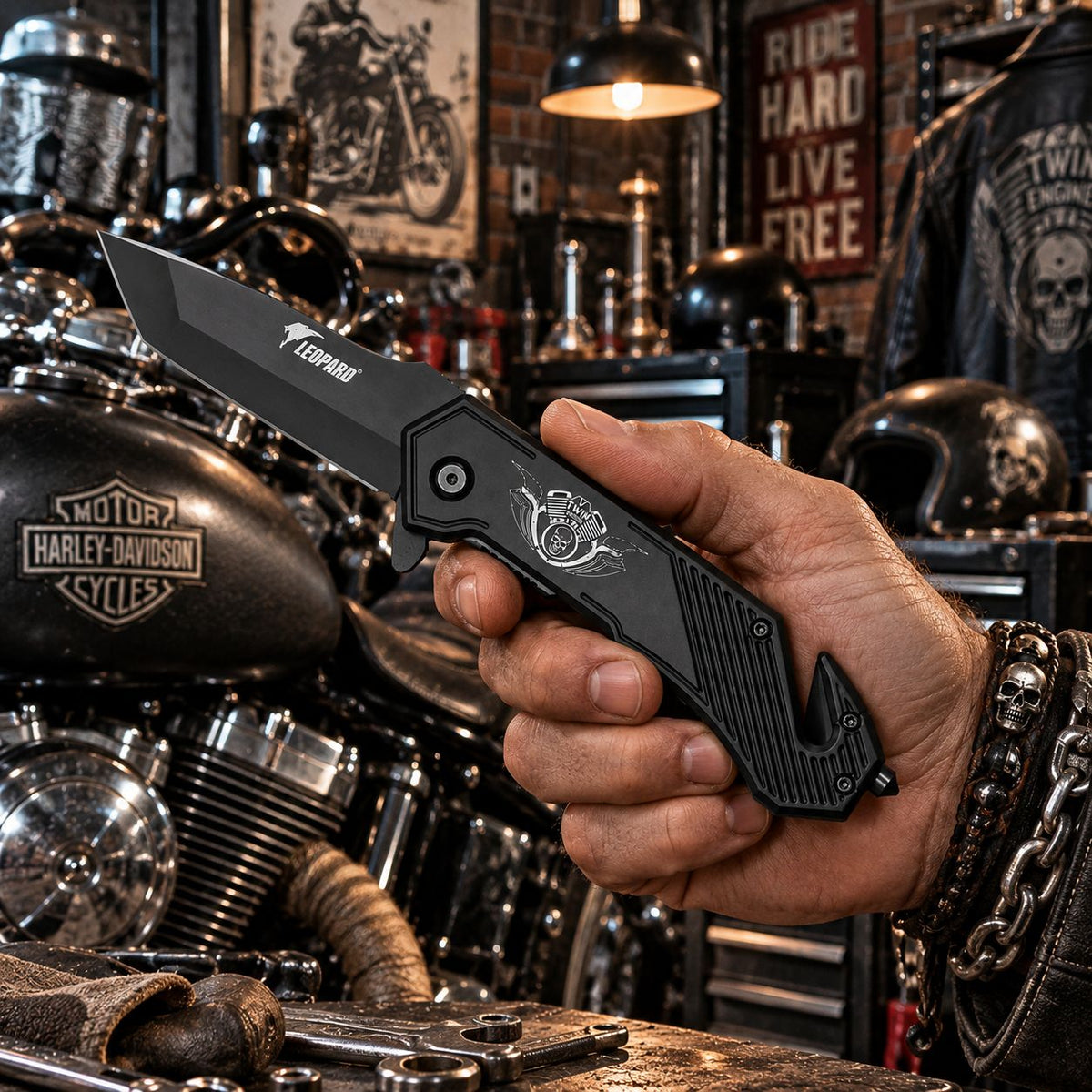 Couteau Moteur V-Twin Darkgrip – Brise-vitre & Coupe-ceinture
