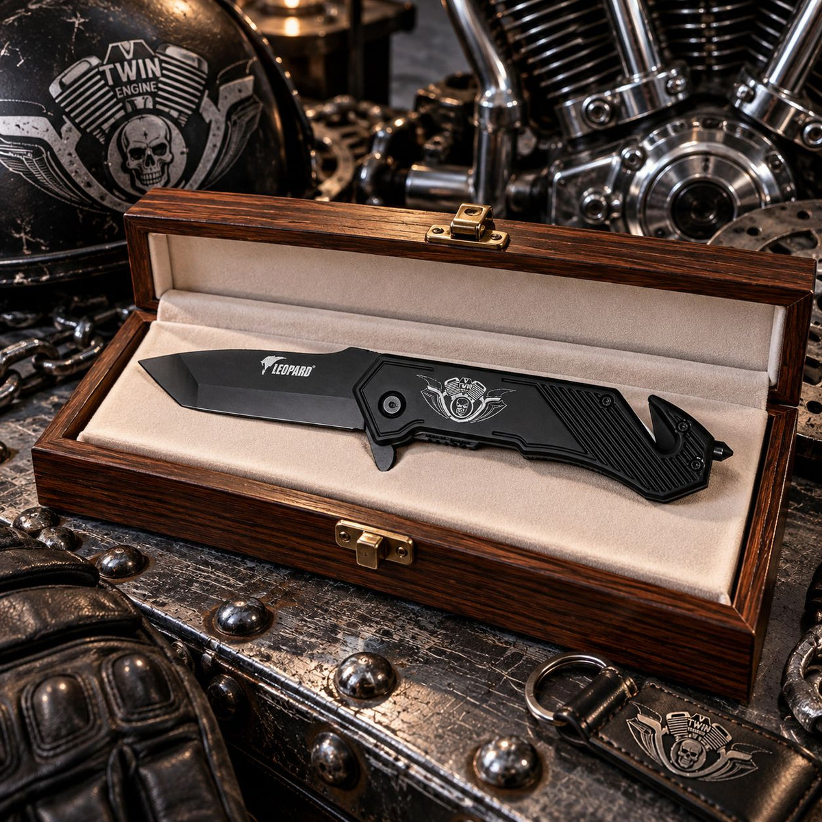 Couteau Moteur V-Twin Darkgrip – Brise-vitre & Coupe-ceinture