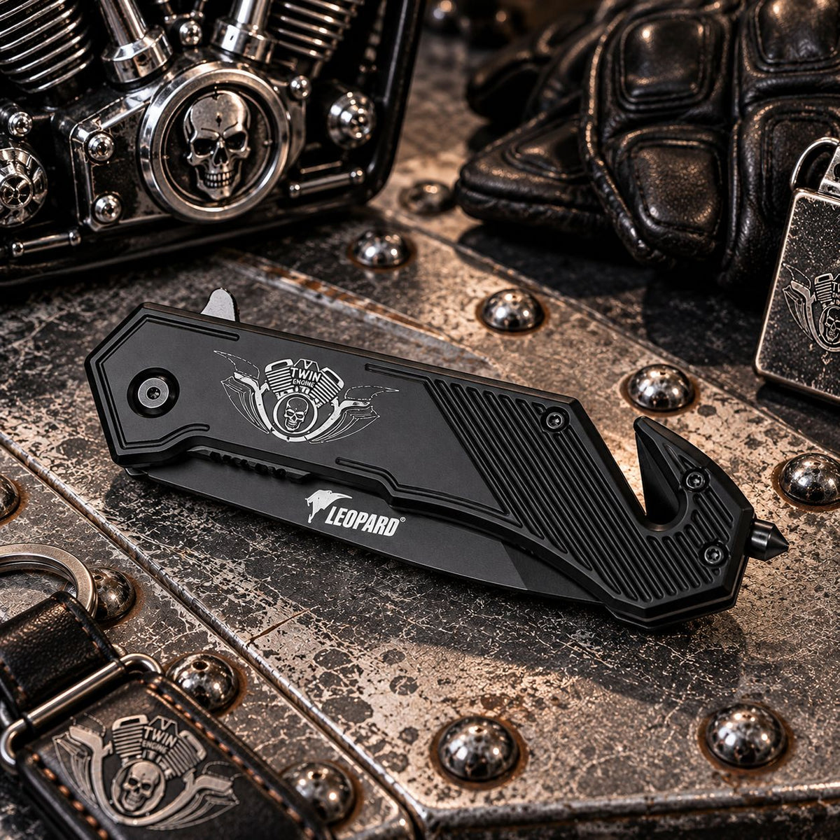 Couteau Moteur V-Twin Darkgrip – Brise-vitre & Coupe-ceinture
