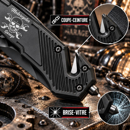 Couteau Skull Garage Darkgrip – Brise-vitre & coupe-ceinture