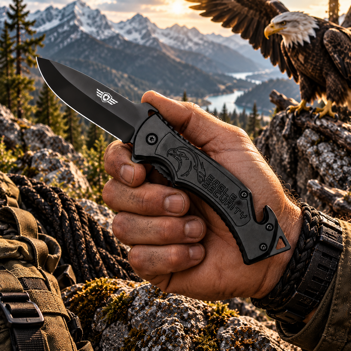 Couteau de sécurité Aigle noir – Brise-vitre & coupe-ceinture