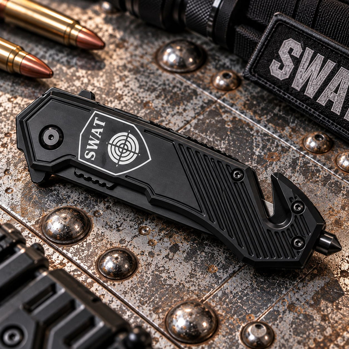 Couteau SWAT Darkgrip noir – Brise-vitre & coupe-ceinture