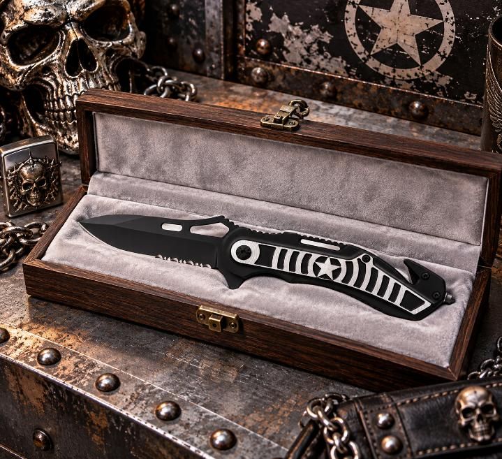 Couteau de sécurité Étoile noir & argent – Brise-vitre & Coupe-ceinture