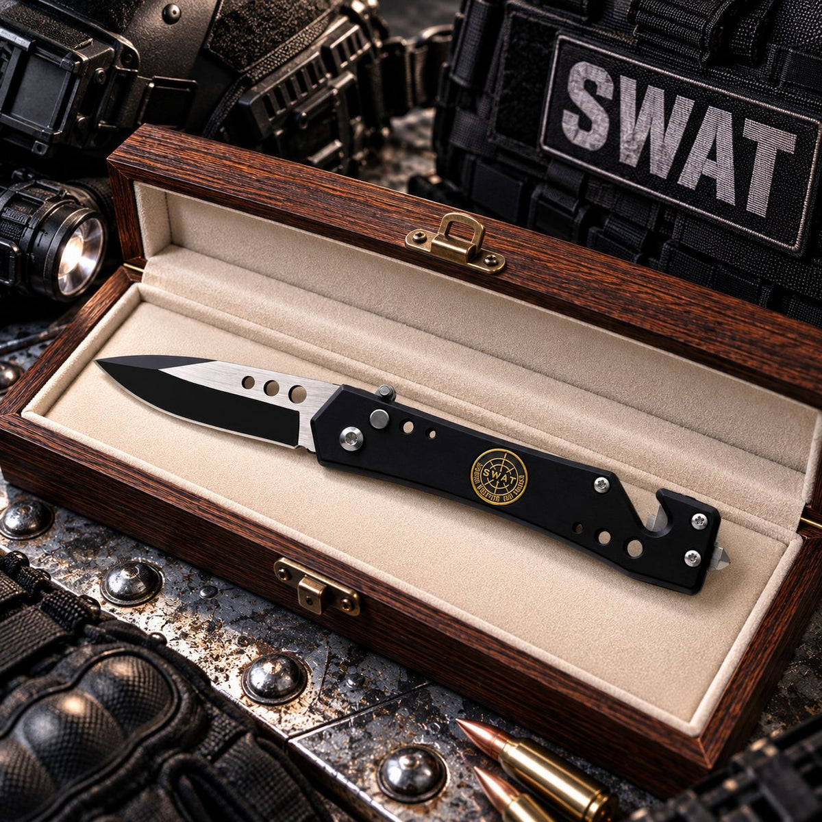 Couteau de sécurité SWAT noir – Brise-vitre & coupe-ceinture