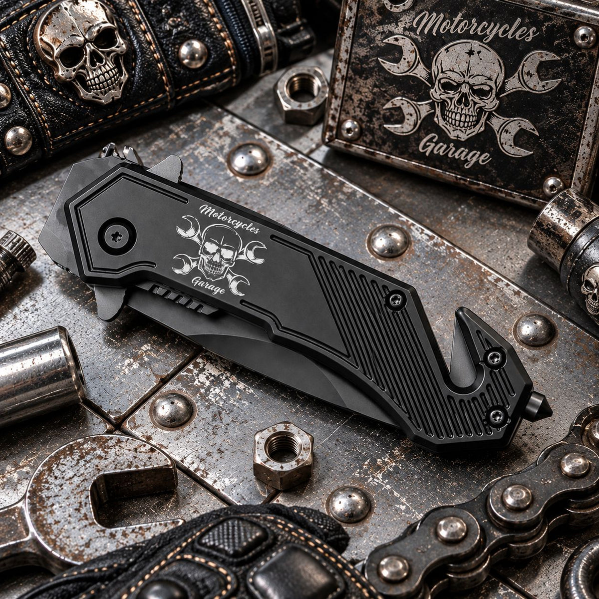 Couteau Skull Garage Darkgrip – Brise-vitre & coupe-ceinture