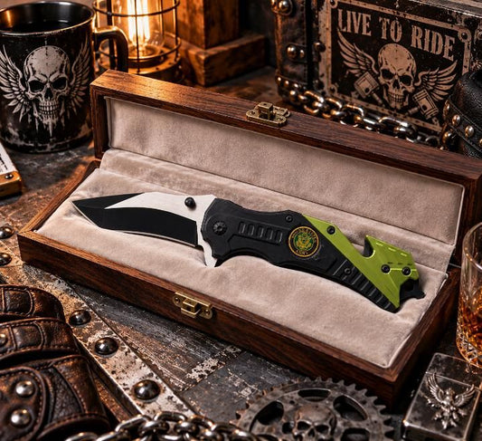 Couteau de sécurité Army vert & noir – Brise-vitre & Coupe-ceinture