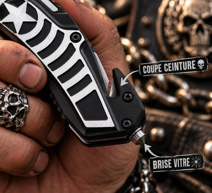 Couteau de sécurité Étoile noir & argent – Brise-vitre & Coupe-ceinture