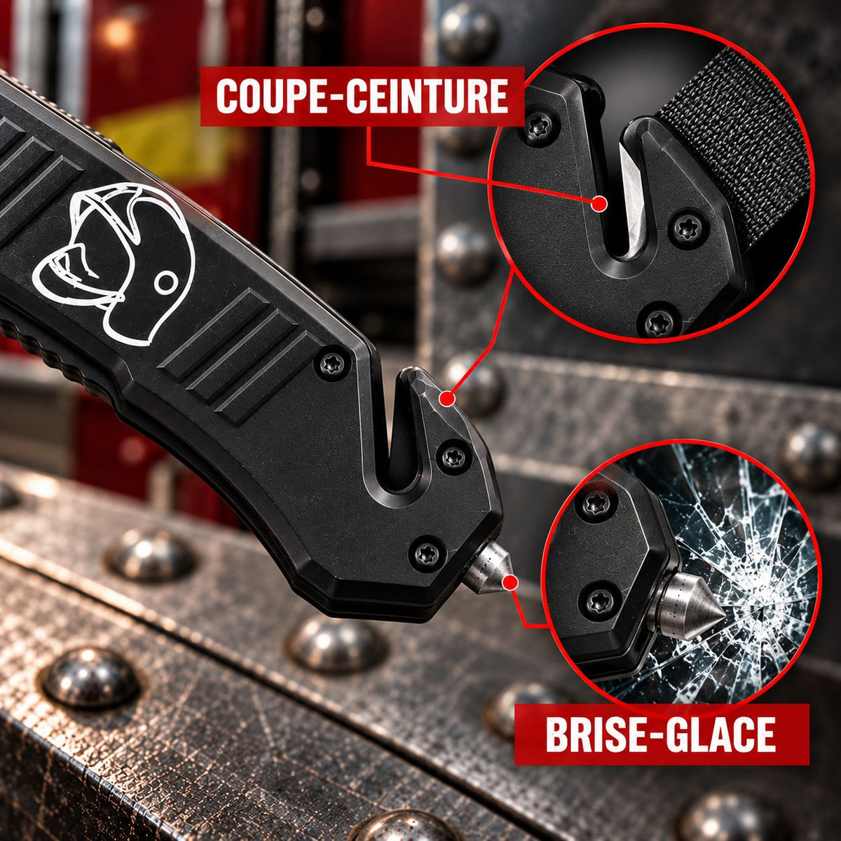 Couteau Pompier Darkgrip noir – Brise-vitre & coupe-ceinture