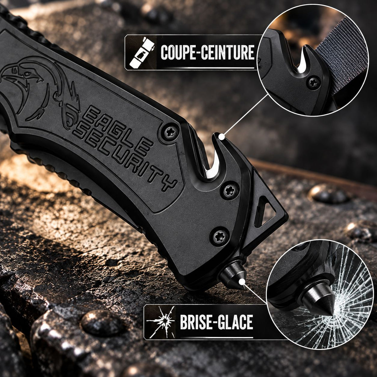 Couteau de sécurité Aigle noir – Brise-vitre & coupe-ceinture