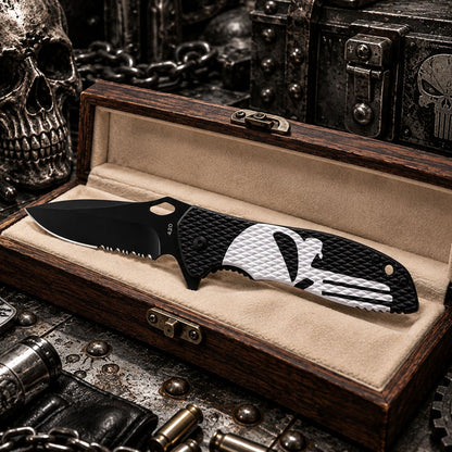 Couteau Tactique Skull noir – Lame inox & ouverture assistée