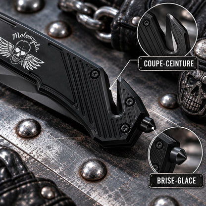 Couteau Motorcycle Skull Darkgrip – Brise-vitre & Coupe-ceinture