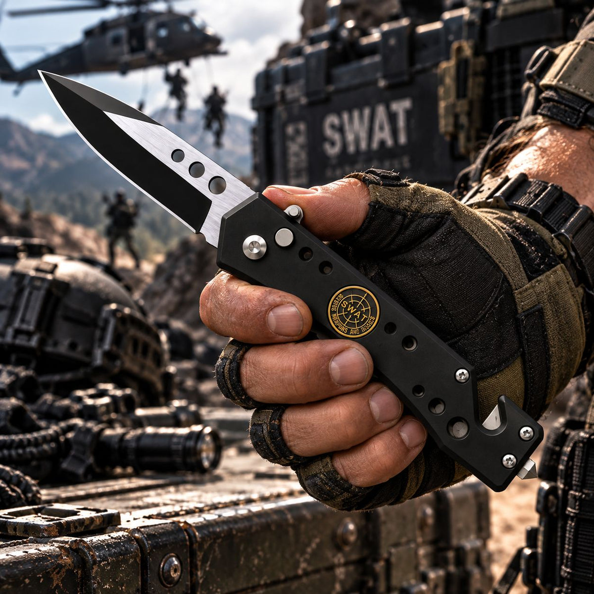 Couteau de sécurité SWAT noir – Brise-vitre & coupe-ceinture