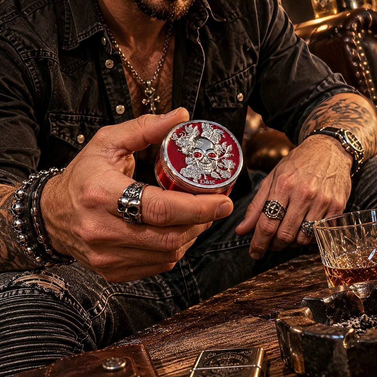 Grinder Tête de Mort – Rouge, Bleu ou Vert - Style Rock Biker