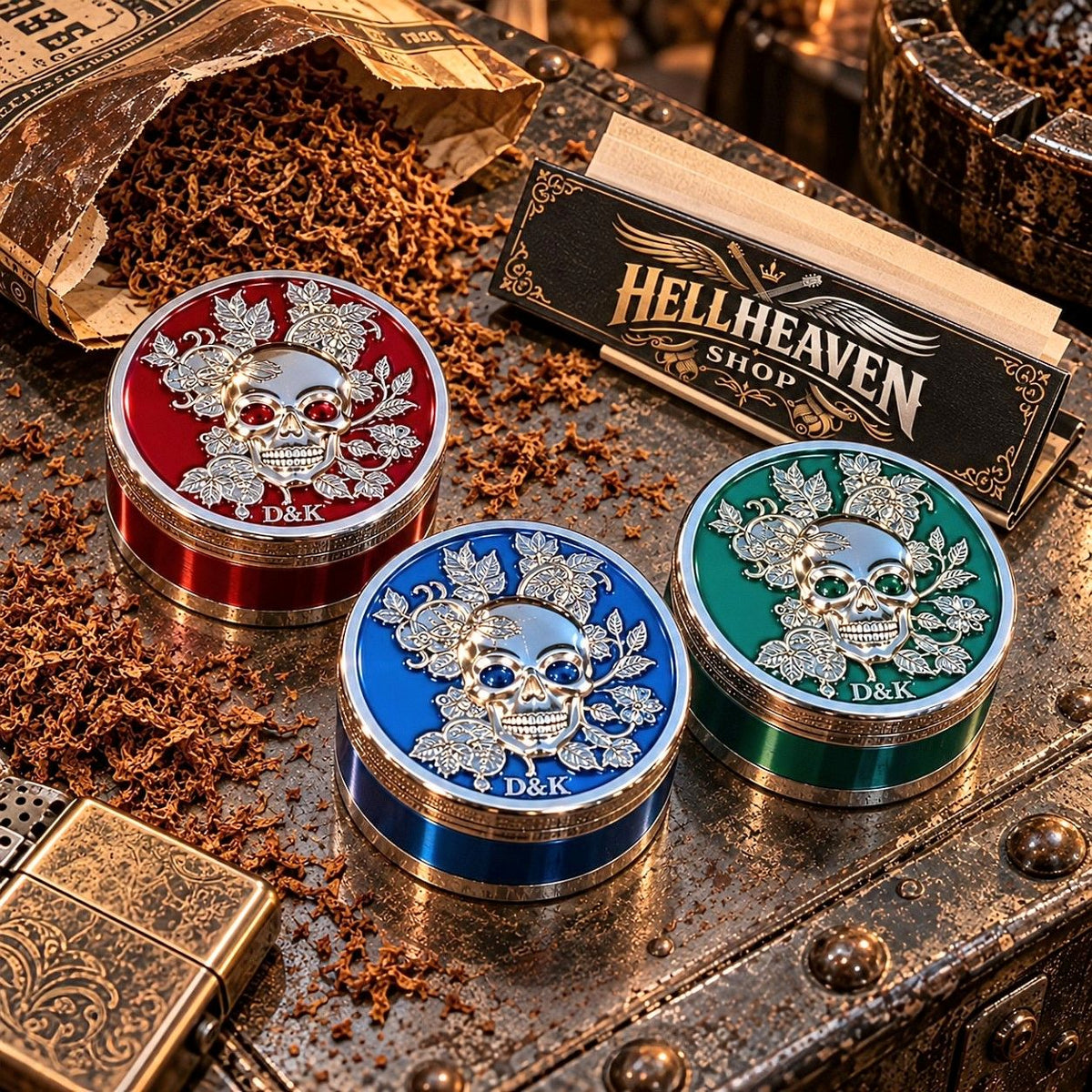 Grinder Tête de Mort – Rouge, Bleu ou Vert - Style Rock Biker