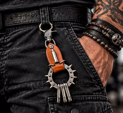 Porte-Clés Biker Cuir & Acier Inoxydable - Spike Bullet