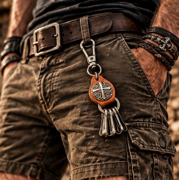 Porte-Clés Biker Cuir & Acier Inoxydable - Croix Celtique