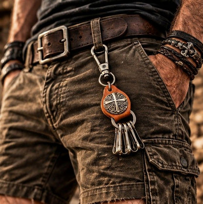 Porte-Clés Biker Cuir & Acier Inoxydable - Croix Celtique