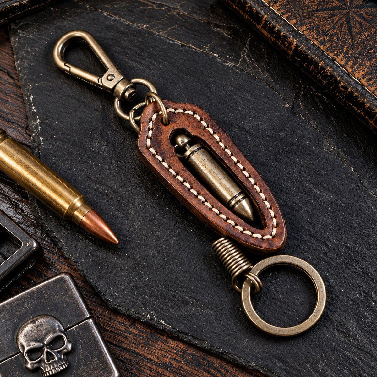 Porte-Clés Biker Cuir & Acier Inoxydable - Balle Vintage